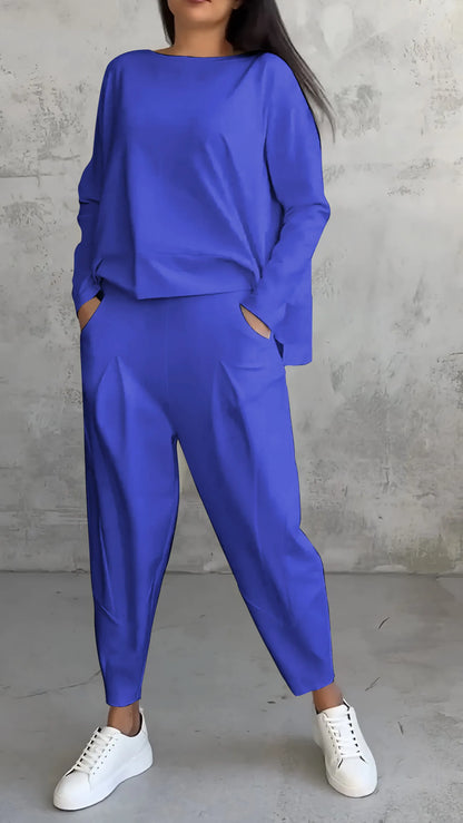 Women’s Two-Piece Set – Relaxed Fit – Long Sleeve Top – Tapered Harem Pants – Breathable Cotton