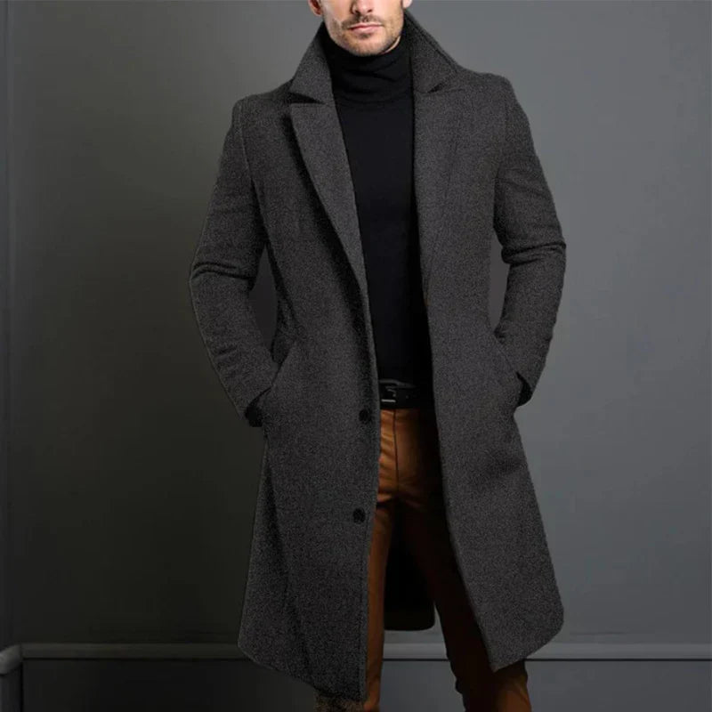 Men’s Coat – Tailored Fit – Full Length – Notched Lapel – Button Closure