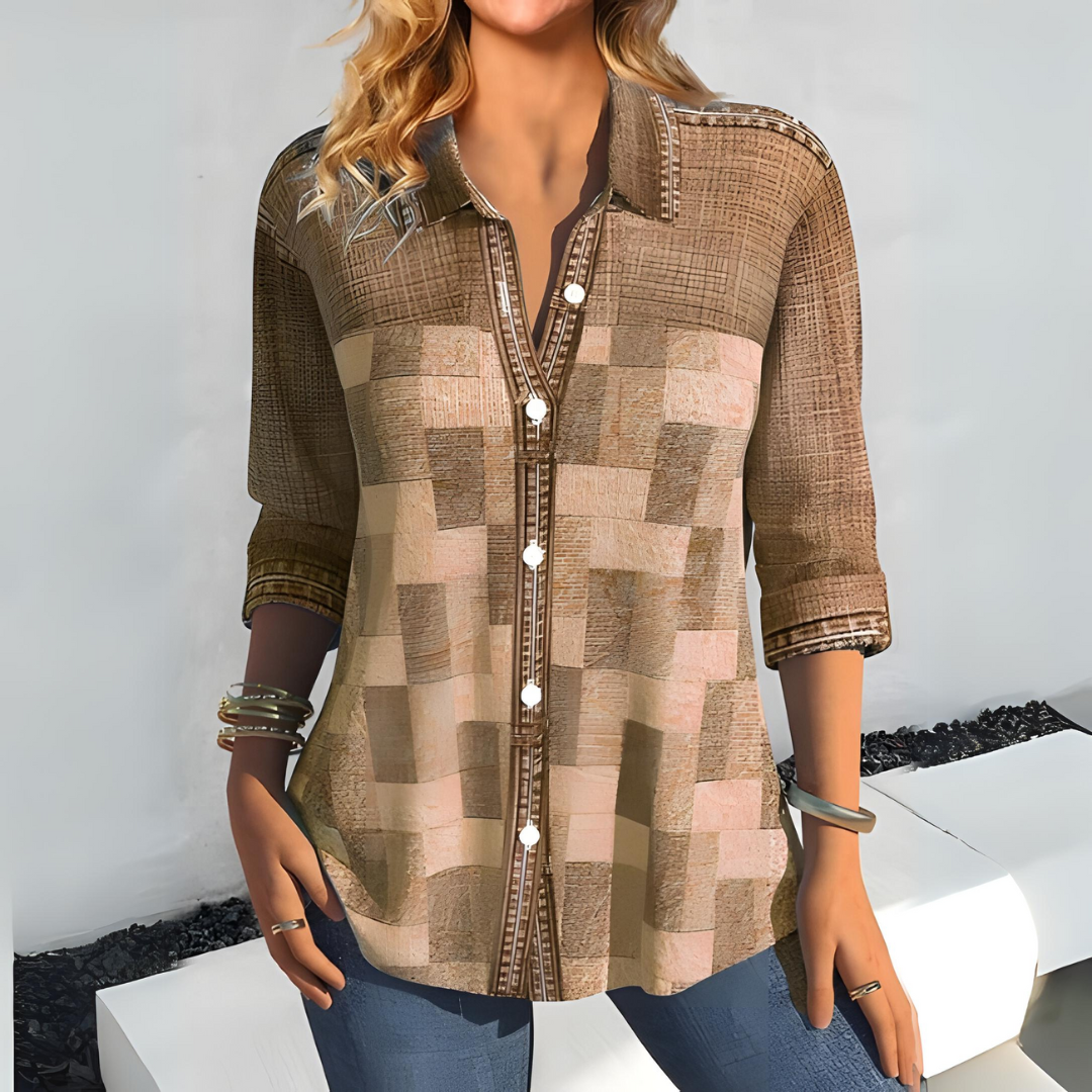 Women’s Blouse – Relaxed Fit – Button Down – Patchwork Design – Cotton Blend – 3/4 Sleeve