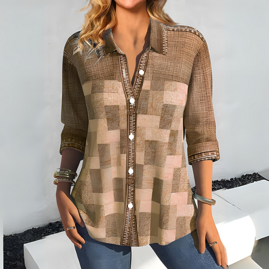 Women’s Blouse – Relaxed Fit – Button Down – Patchwork Design – Cotton Blend – 3/4 Sleeve