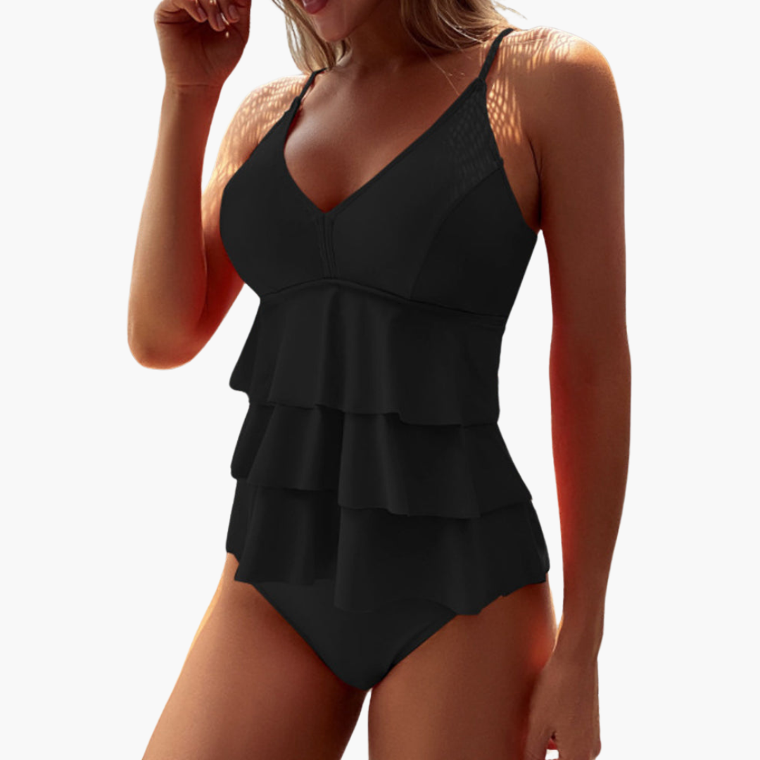 Women’s Tankini Set – Tiered Ruffle Top – V-Neck – Adjustable Straps – Quick-Dry Fit