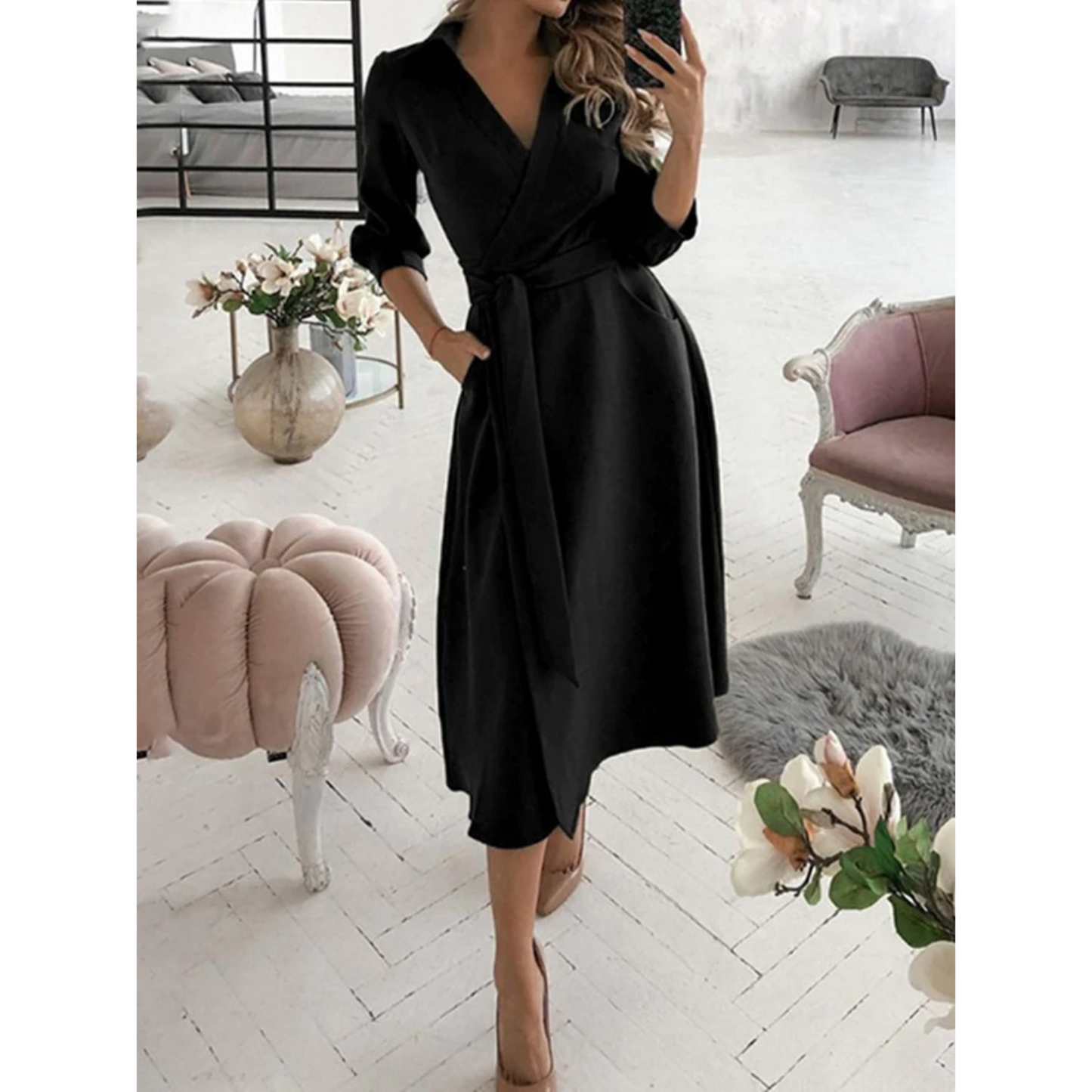Women's Wrap Dress - Geometric Print - Midi Length - Long Sleeve Adjustable Fit