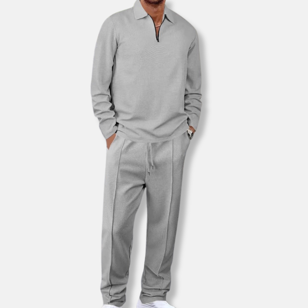 Men’s Sport Set – Slim Fit Knit – Quarter-Zip Polo Top – Tapered Ankle Pants