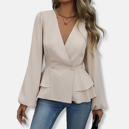 Women’s Blouse – Slim Fit – Wrap Front – Double-Breasted – Bishop Sleeve Peplum