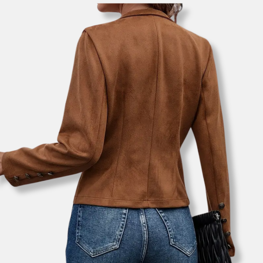 Women’s Cropped Jacket – Slim Fit – Double-Breasted – Mandarin Collar – Wool Blend