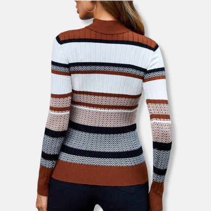 Veronica Cotton Blend Ribbed Chevron Turtleneck Sweater | Slim Fit Striped Sweater