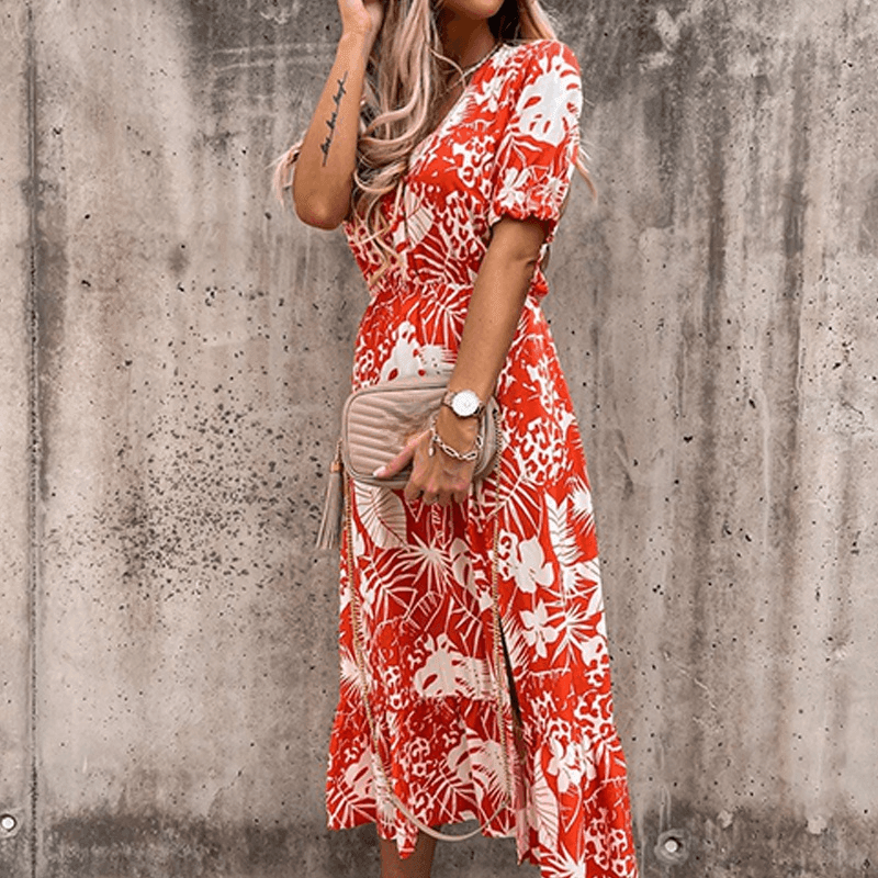 Women's Midi Dress - V-Neck - Short Puff Sleeves - Fitted Waist - Side Slit