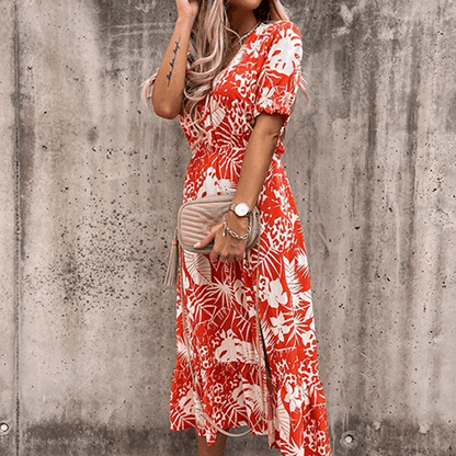 Women's Midi Dress - V-Neck - Short Puff Sleeves - Fitted Waist - Side Slit