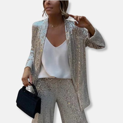 Women’s Two-Piece Set – Sequin Tailored Jacket – High-Waisted Wide-Leg Pants