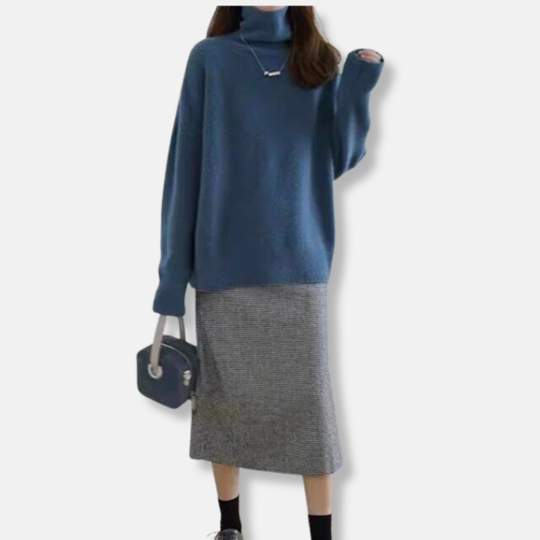 Women’s Turtleneck Sweater – Wool Blend – Relaxed Fit – Ribbed Hem – Hip Length