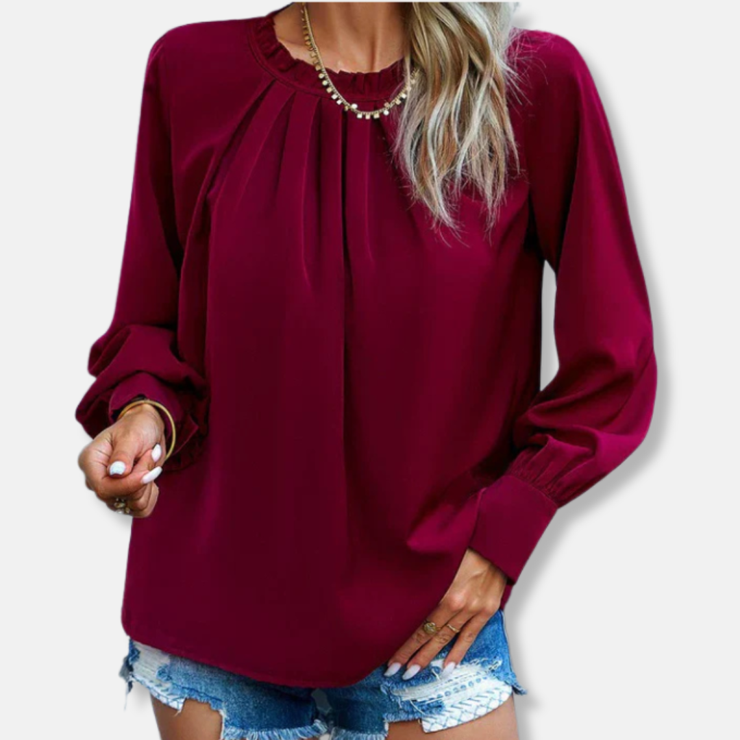 Women’s Blouse – Loose Fit – Ruffled Neckline – Pleated Front – Balloon Sleeves