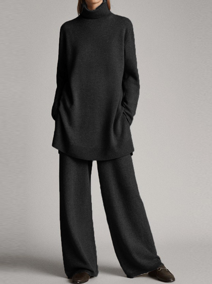 Isabella Relaxed Fit Turtleneck Sweater Wide Leg Trousers Two-Piece Set | Ribbed Hem Side Pockets Lounge Set