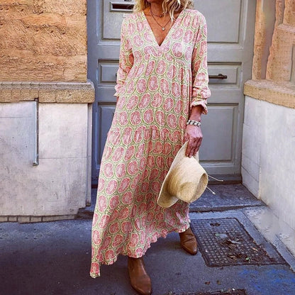 Women’s Maxi Dress – Geometric Print – V-Neck – Long Sleeve – Relaxed Fit – Breathable Blend