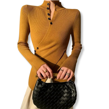 Women’s Knit Top – Slim Fit – High Neck – Long Sleeve – Asymmetric Hem – Button Detail