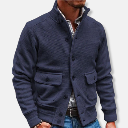 Men’s Jacket – Slim Fit – High Collar – Soft Textured Fabric – Button Front – Flap Pockets