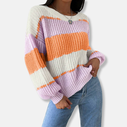 Francesca Cotton Blend Oversized Knit Sweater | Striped Crewneck Sweater