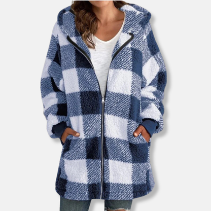 Sienna Oversized Hooded Jacket | Check Print Thigh-Length Jacket