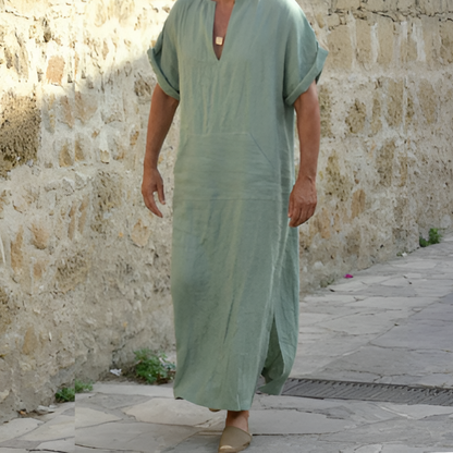 Men’s Long Shirt Dress – Relaxed Fit – Breathable Blend – V-Neck – Short Sleeve – Slit Hem