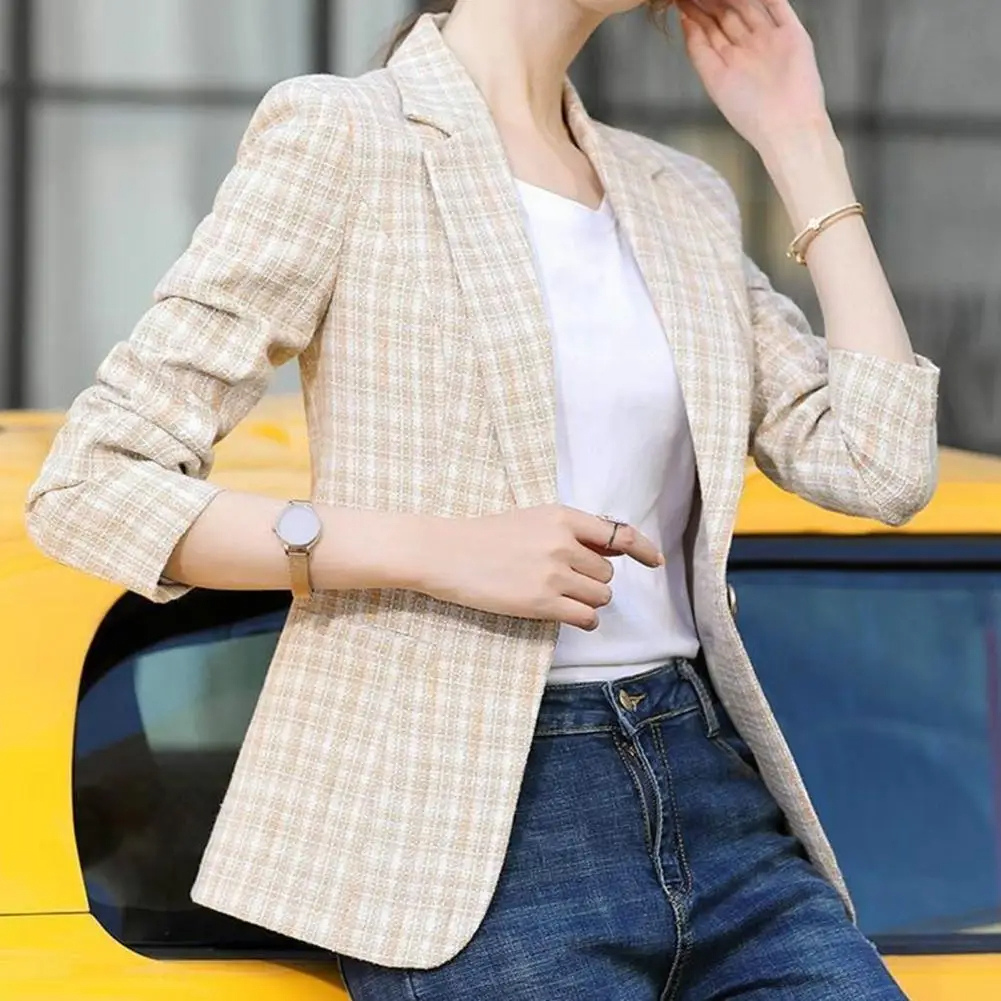 Women’s Blazer – Tailored Fit – Textured Woven – Single Button – Checkered Pattern