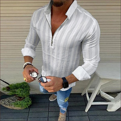 Men’s Long-Sleeve Zip-Up Shirt - Slim Fit - Striped Pattern - Collared Casual Wear