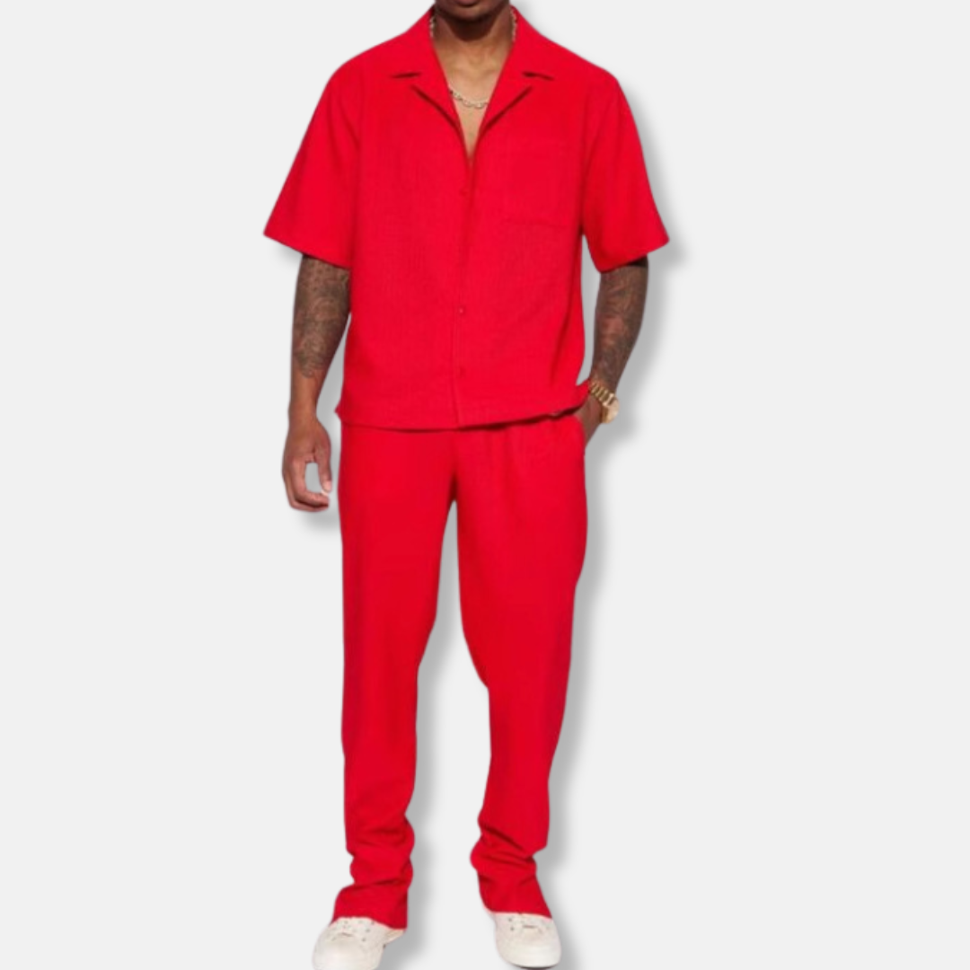 Men’s Casual Set – Relaxed Fit – Short Sleeve Collared Shirt – Full-Length Pants – Breathable Blend