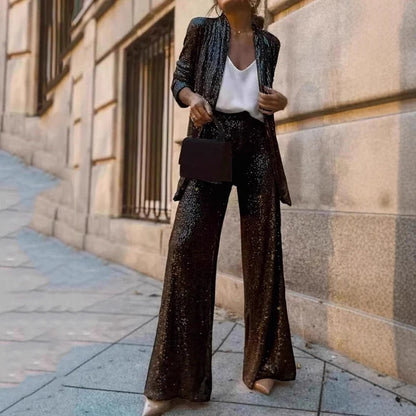 Women’s Two-Piece Set – Sequin Tailored Jacket – High-Waisted Wide-Leg Pants