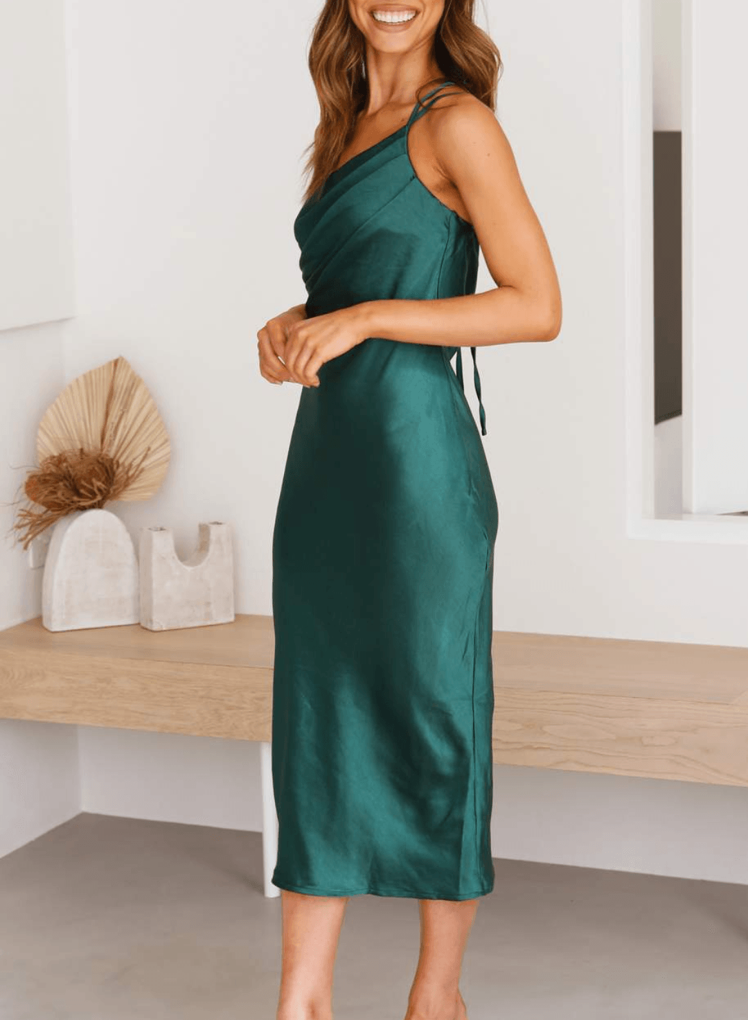 Women's Midi Slip Dress - Satin Fabric - One-Shoulder Elegant Formal Wear