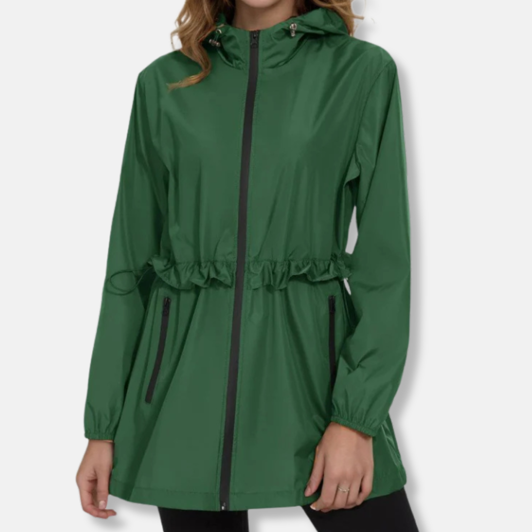 Women's Raincoat Jacket – Waterproof Hooded – Adjustable Waist – Mid-Thigh Length