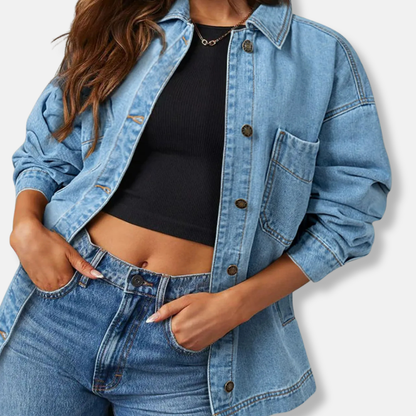 Women’s Denim Jacket – Oversized Boyfriend Fit – Chest Pockets – Button Front