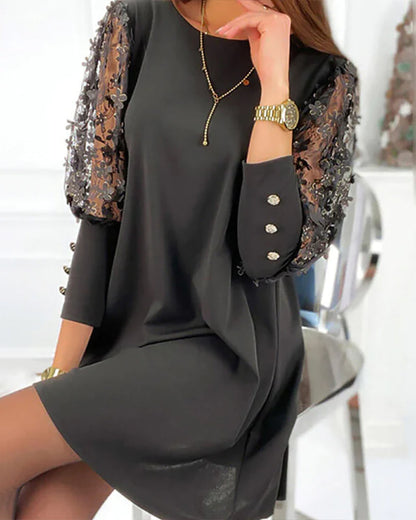 Women’s Short Dress – Relaxed Fit – Sheer Floral Sleeves – Soft Flowing Fabric – Round Neckline