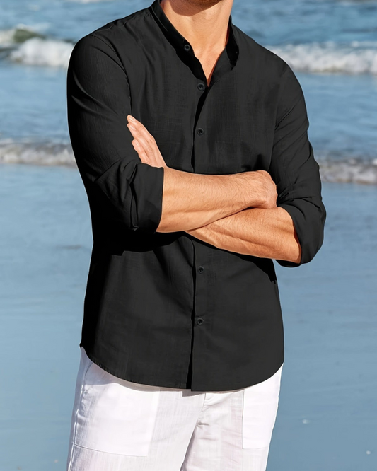 Men’s Button-Up Shirt – Relaxed Fit – Natural Fibers – Mandarin Collar – Long Sleeve