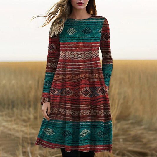 Women’s Midi Dress – Boho Pattern – A-Line Fit – Long Sleeve