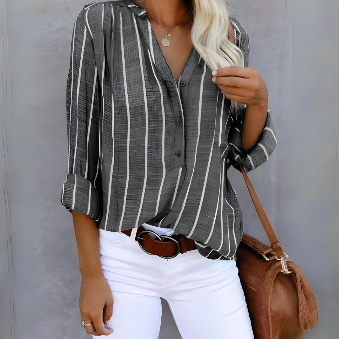 Women’s Blouse – Relaxed Fit – Vertical Stripes – Long Sleeve – Button Up – Cotton Blend