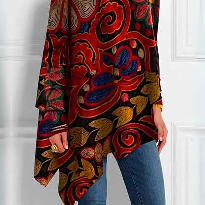 Women’s Asymmetric Top - Velvet - High Neck - Flowing Silhouette - Statement Print