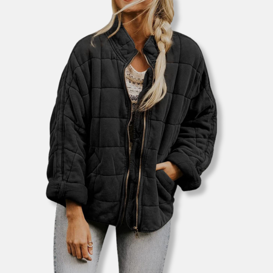 Women’s Quilted Jacket – Relaxed Fit – High Collar – Layer with Pockets
