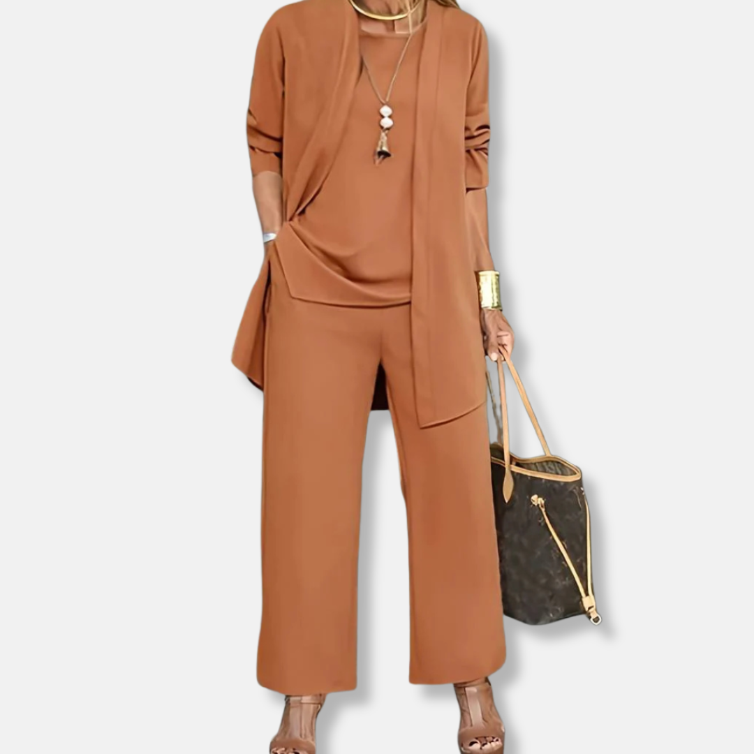 Women's Draped Jacket and Wide-Leg Trousers Set - Jersey - Relaxed Silhouette