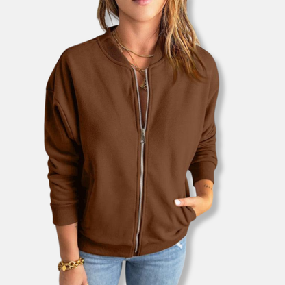 Women's Bomber Jacket - Soft Knit - Relaxed Fit - Zip Closure - Ribbed Cuffs