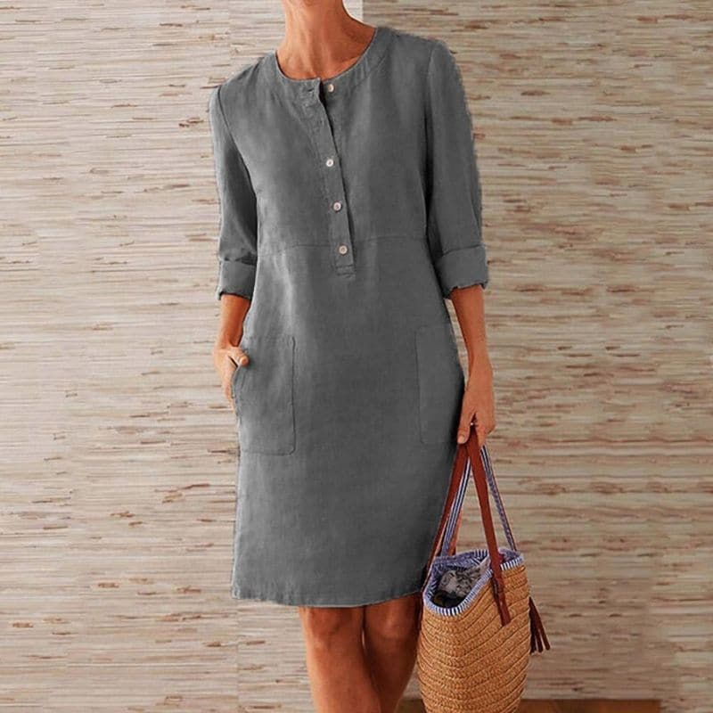 Women’s Shirt Dress – Relaxed Fit – Breathable Blend – Knee Length – Side Pockets