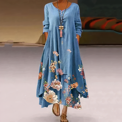 Women's Maxi Dress - Long Sleeve - Flowing Fit - Round Neck - Button Front - Floral Print