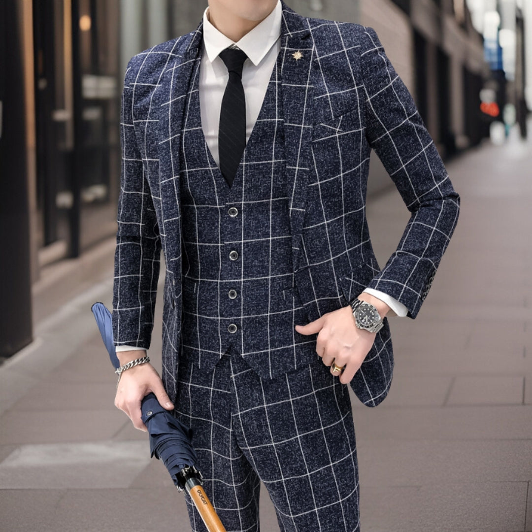 Men’s 3-Piece Suit – Slim Fit – Grid Pattern – Wool Look – Formal Business Wear