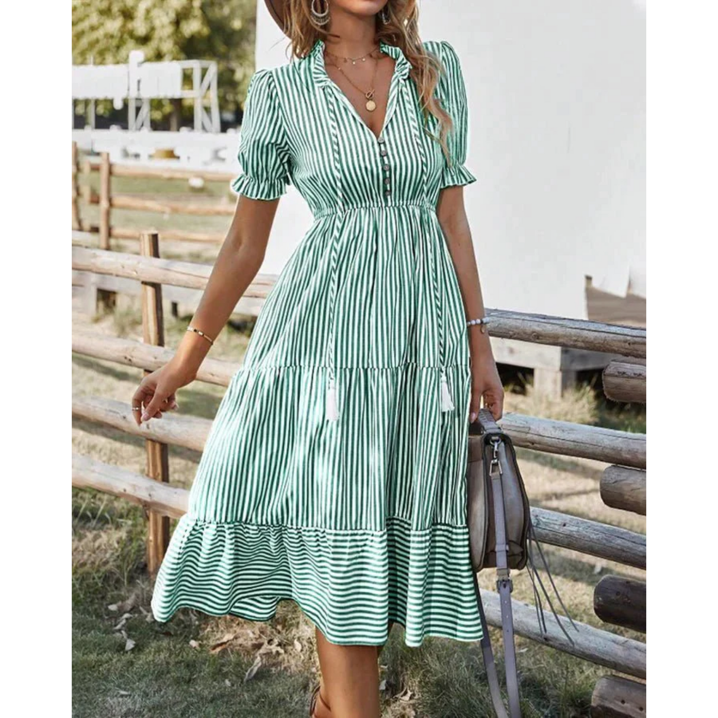 Women's Midi Dress - V-Neck Button Down - Puff Sleeve Tiered Flared Skirt - Tassel Waist