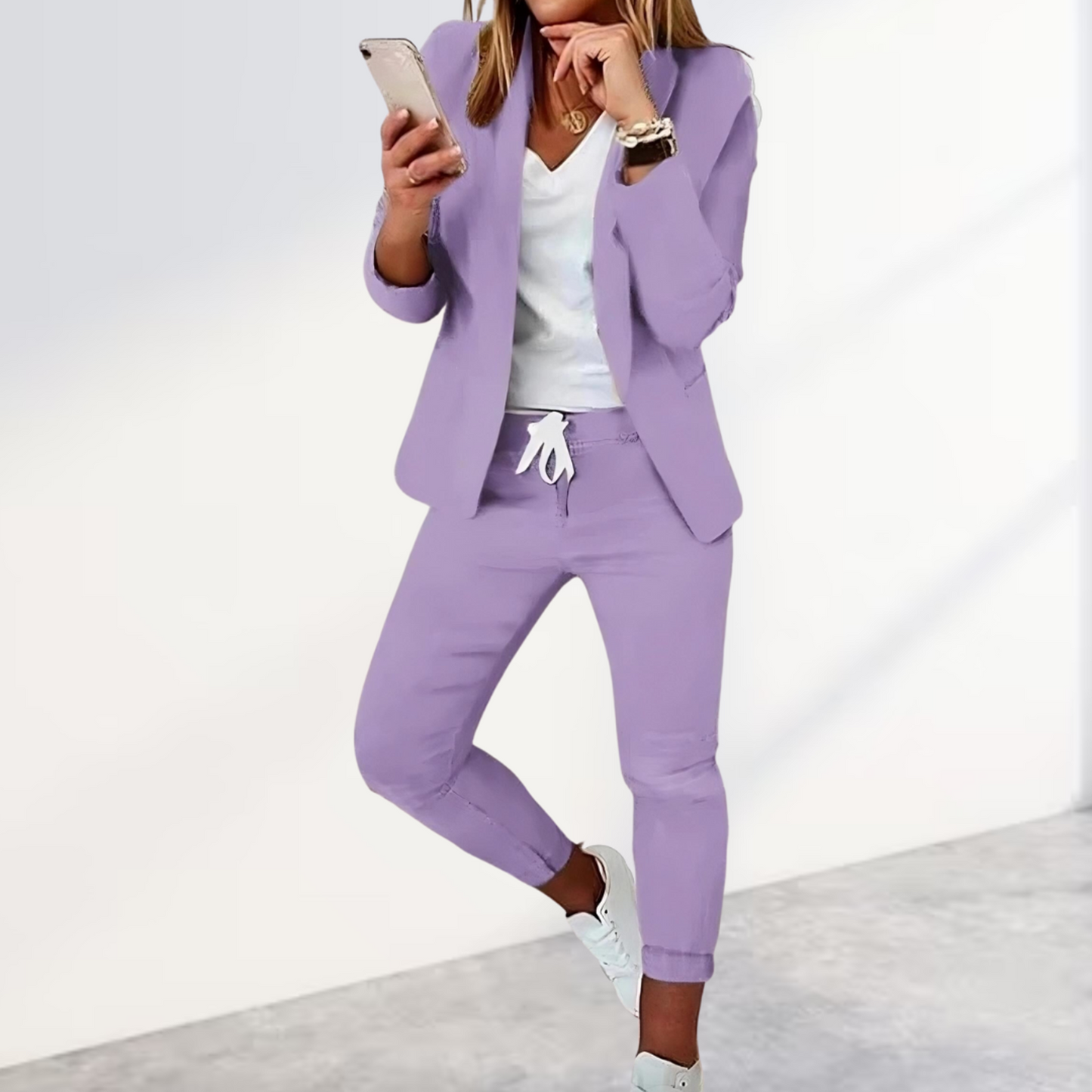 Women’s Blazer & Pants Set – Tailored Fit – Woven Fabric – Drawstring Waist – Business Casual