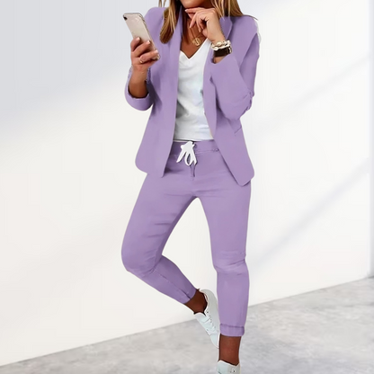 Women’s Blazer & Pants Set – Tailored Fit – Woven Fabric – Drawstring Waist – Business Casual