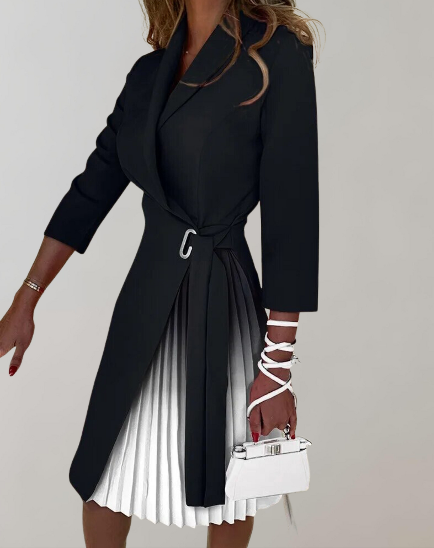 Women’s Midi Dress – Tailored Fit – Pleated Skirt – Notched Neck – Belted Waist