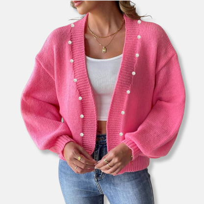 Women’s Cardigan – Cropped Knit Fit – Pearl Beaded Open Front – Balloon Sleeves
