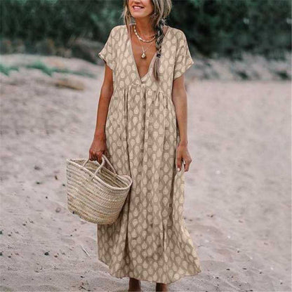 Women’s Maxi Dress – Relaxed Fit – V-Neck – Short Sleeve – Natural Fibers – Printed