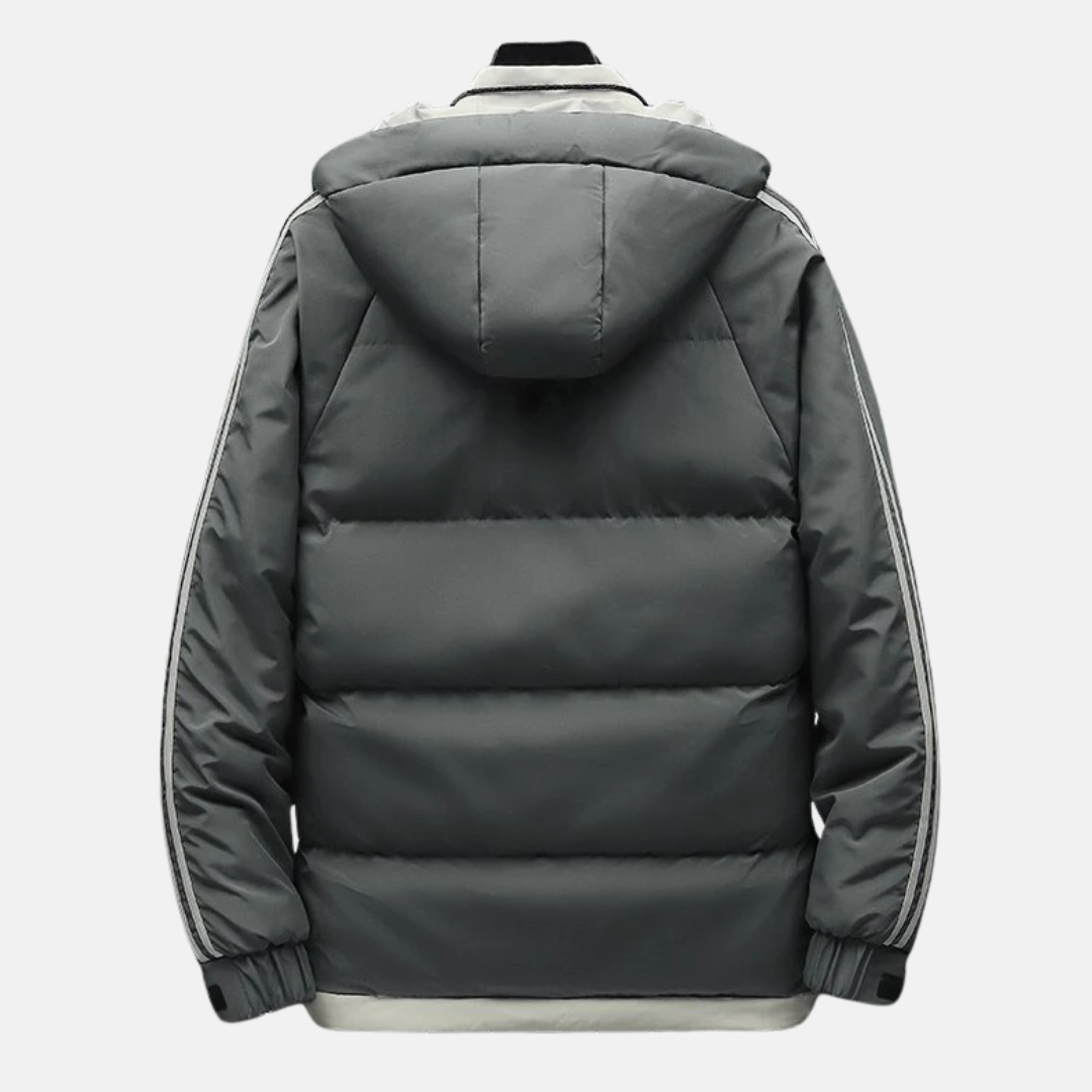 Noah Quilted Hooded Puffer Jacket | Striped Sleeves Front Pockets Puffer Jacket