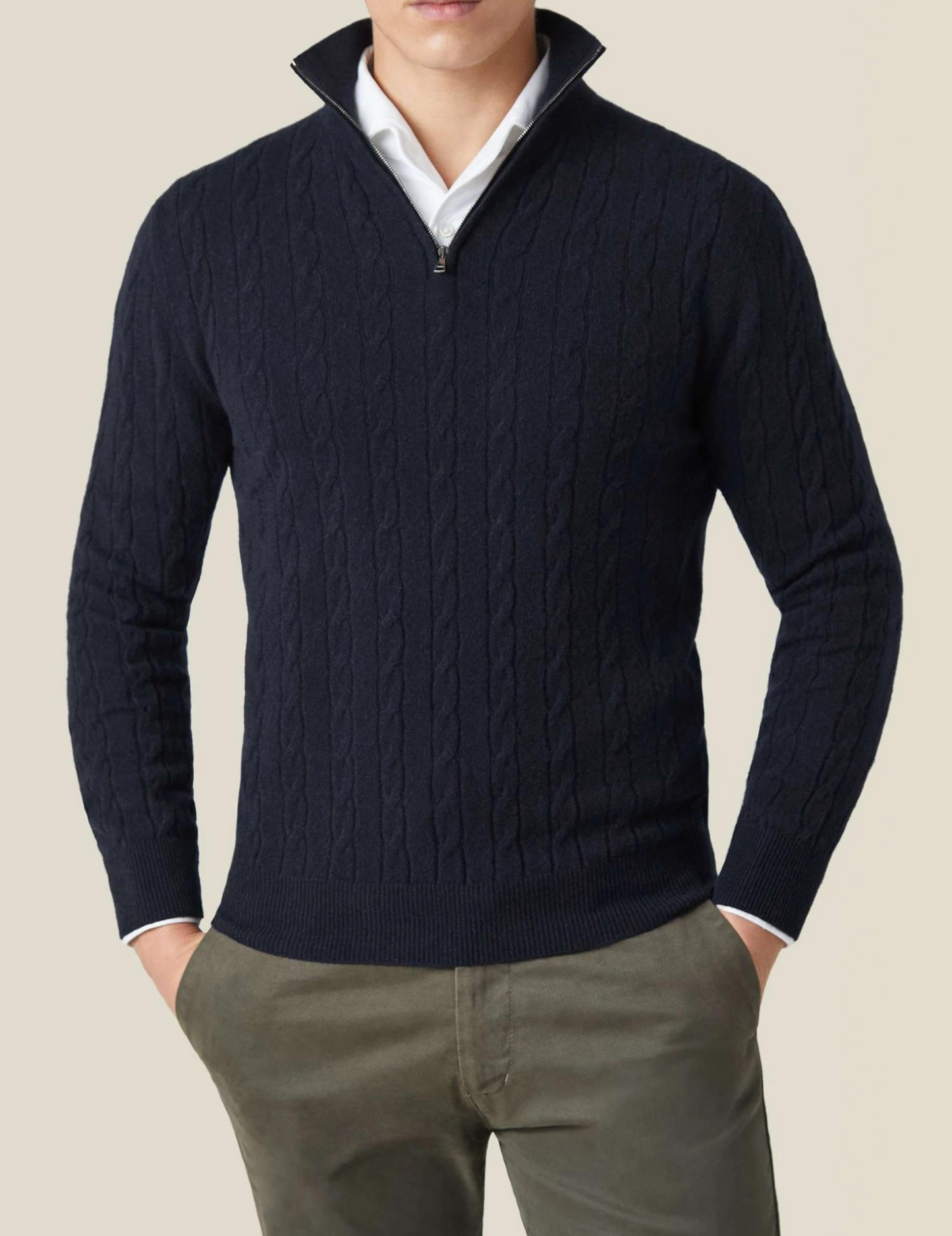 Men’s Cable Knit Sweater – Wool Blend – Half Zip – Stand Collar – Smart Casual Fit