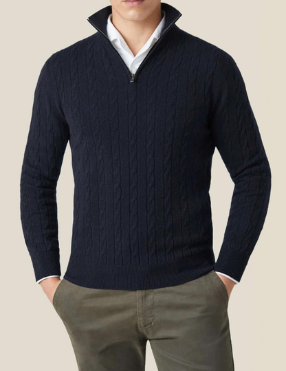 Men’s Cable Knit Sweater – Wool Blend – Half Zip – Stand Collar – Smart Casual Fit