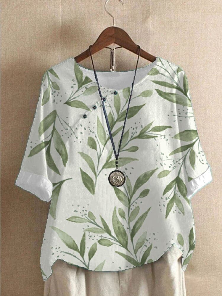 Women’s Blouse – Relaxed Fit – Floral Print – Mid Sleeve – Round Neck – Cotton Feel